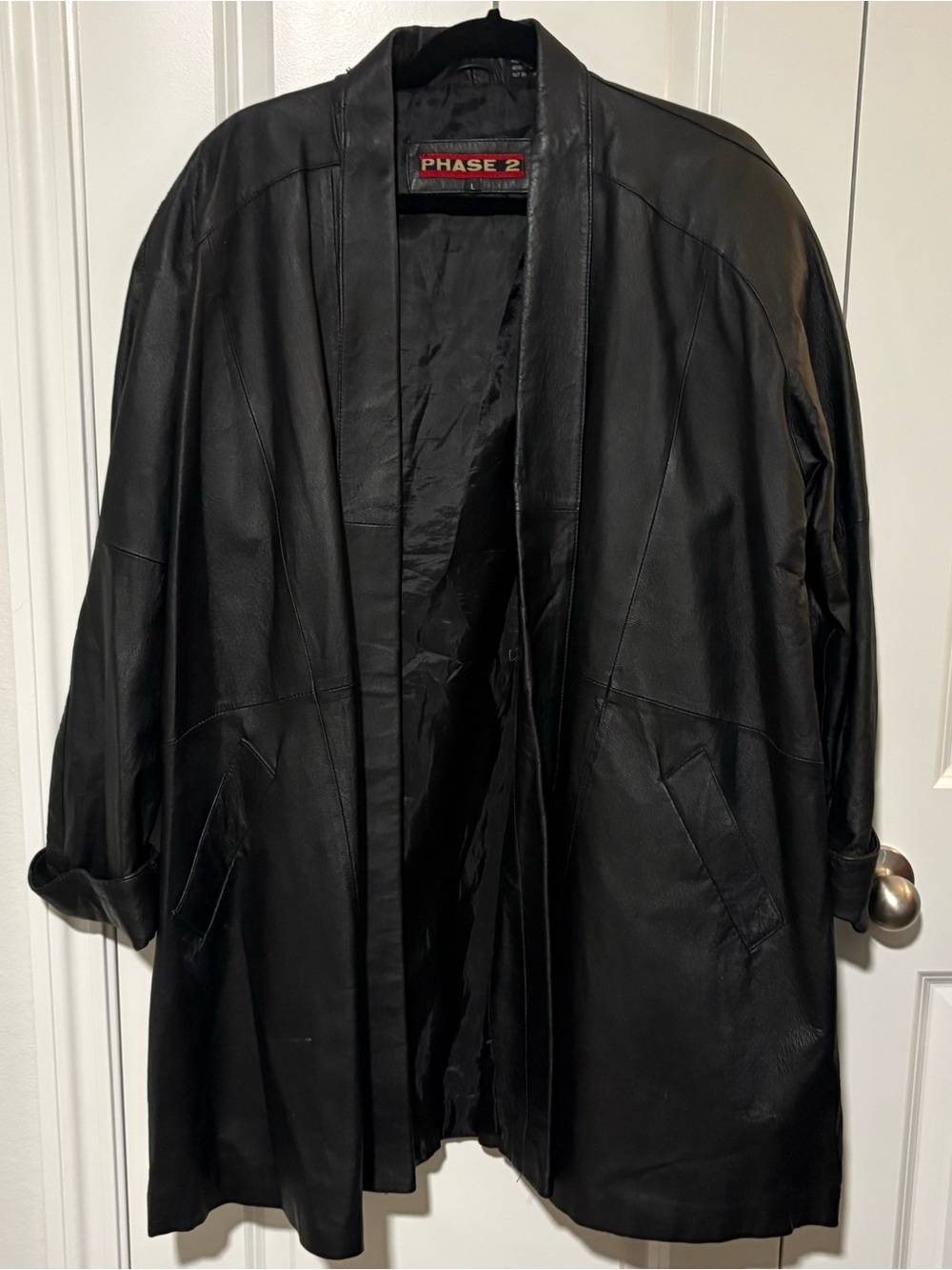 Phase 2 Black Leather Long Open Front Coat Jacket Size Large